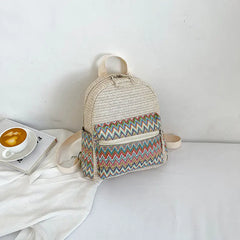 Multicolor Striped Straw Backpack for School and Office
