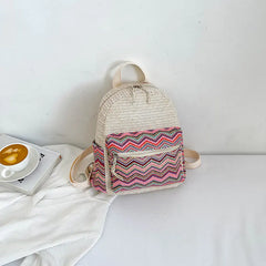 Multicolor Striped Straw Backpack for School and Office