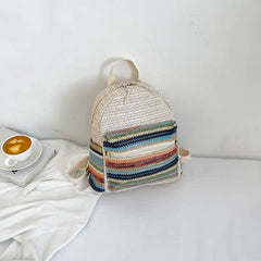 Multicolor Striped Straw Backpack for School and Office