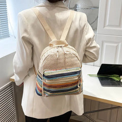 Multicolor Striped Straw Backpack for School and Office