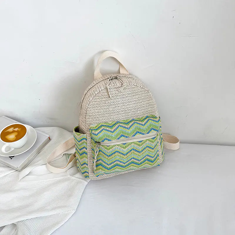 Multicolor Striped Straw Backpack for School and Office